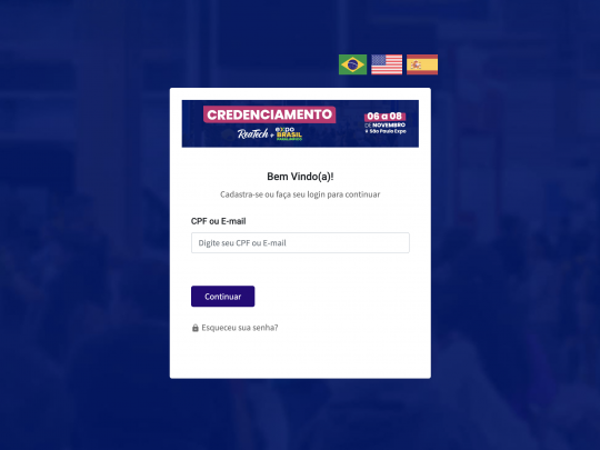 Tela de login do credenciamento Reatech para inscrição em workshops, cursos e congressos com CPF ou e-mail