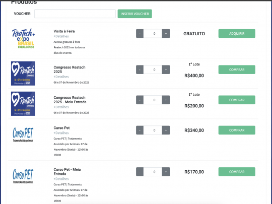 Tela de compra de ingressos online da Reatech 2025 com opções para Congresso Reatech, Curso PET e Workshop Equoterapia incluindo valores de inteira e meia-entrada