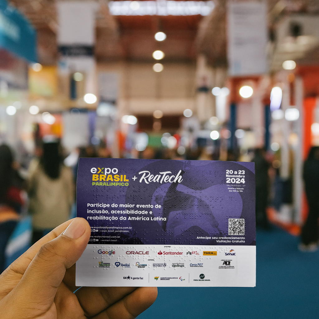 Convite oficial da feira Reatech + Expo Brasil Paralímpico 2024 sobre inclusão e acessibilidade em braille