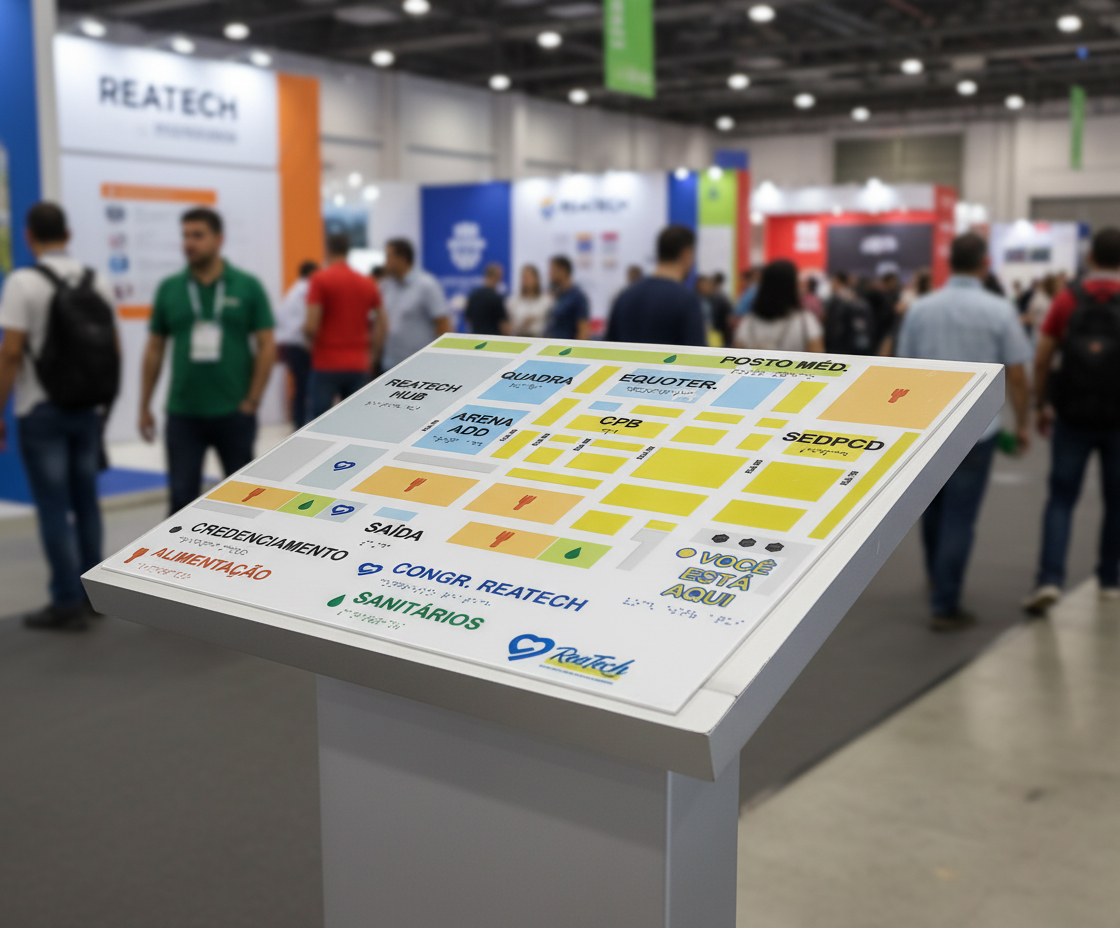 Mapa tátil de acessibilidade na feira Reatech para orientação de visitantes com deficiência
