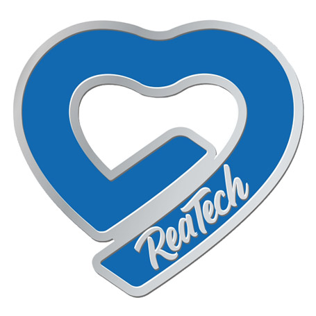 Pin Botton Exclusivo Reatech - Coração Azul com a escrita Reatech dentro.